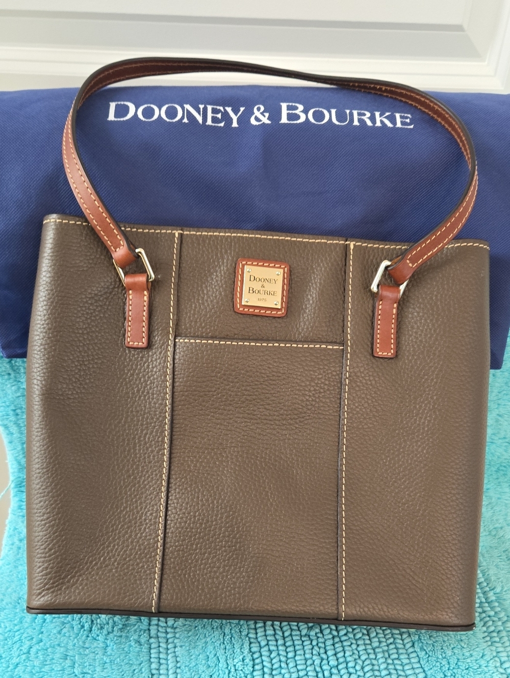 Dooney & Bourke Brown Leather Shoulder Tote with Tan Trim